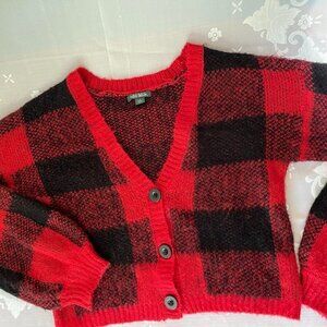 WOMEN'S Small Wild Fable V Neck Soft Cardigan Sweater Red/Black Plaid